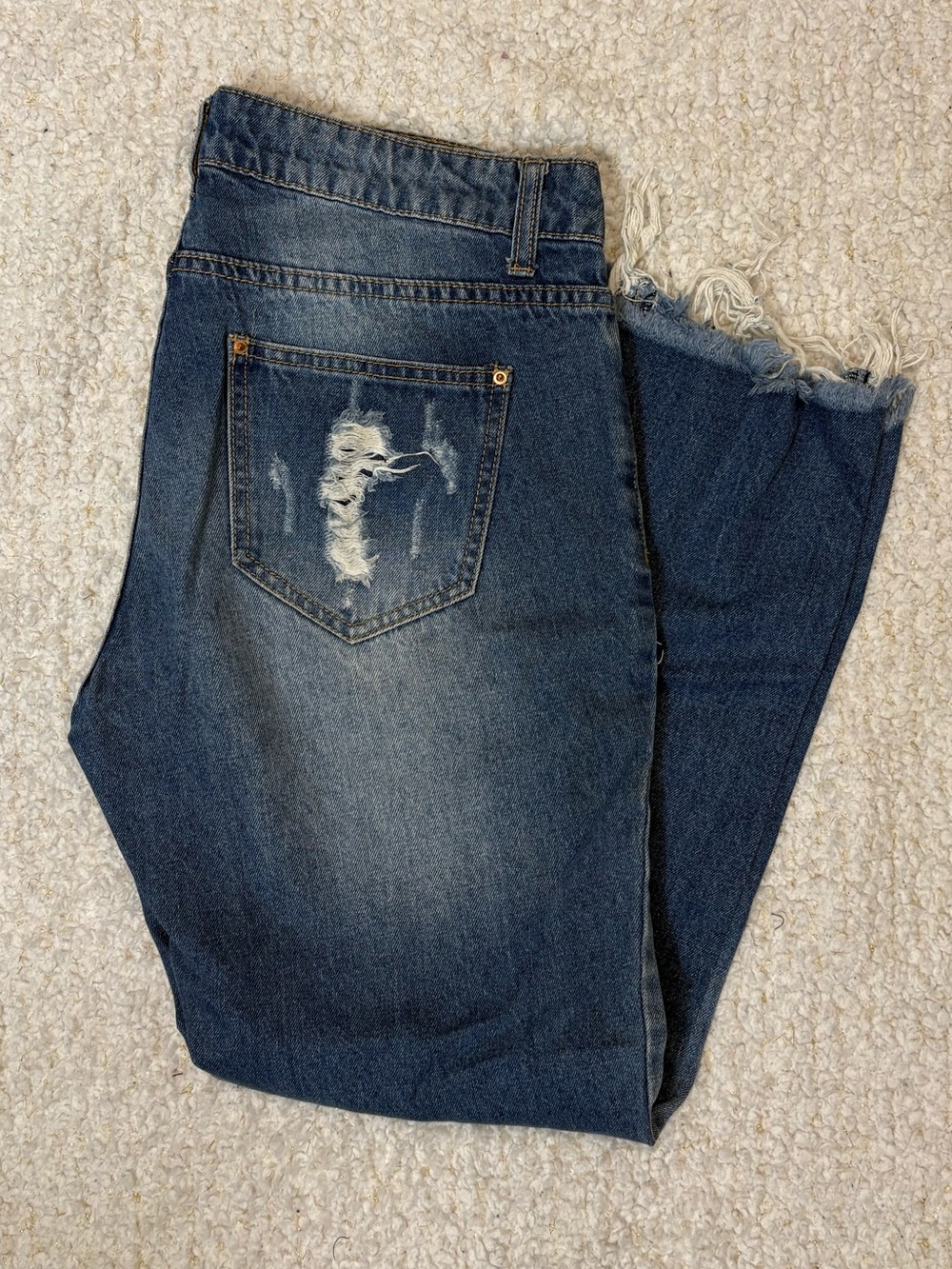 Forever 21 Medium Wash Blue Distressed Cropped Jeans with Frayed Hem